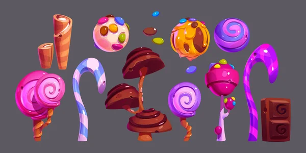 Γλυκά Fantasy Καραμέλες Σοκολάτα Και Σωλήνες Βάφλα Για Σχεδιασμό Παιχνίδι — Διανυσματικό Αρχείο