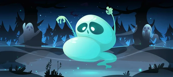 Spooky Halloween Background Ghosts Flying Dark Forest Night Vector Cartoon — ストックベクタ