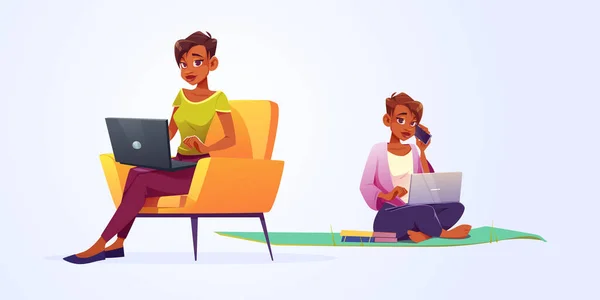 Kadın Dizüstü Bilgisayarda Çalışıyor Minder Sandalyede Oturuyor Merkez Ofis Kavramı — Stok Vektör