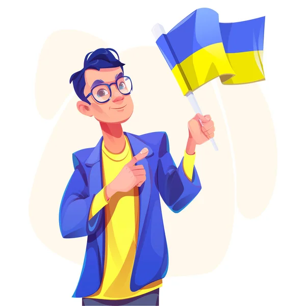 Людина Українським Прапором Чоловічий Характер Вказує Вказівним Пальцем Українську Національну — стоковий вектор