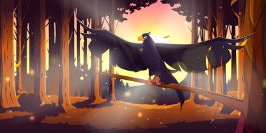Coniferous forest with black raven on branch at sunset. Vector cartoon illustration of woods landscape with pine trees, flying wild crow, sun in sky and mountains on horizon