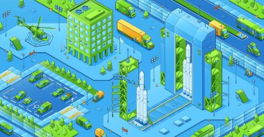 Isometric şehir altyapısı, şehir mimarisi. Konut binaları, uzay limanı, helikopter pisti, araba park alanı, hareket halindeki yol, kamyonlar ve banliyö araçları 3 boyutlu vektör tasarımı, çizgi çizimi