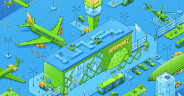 Isometric havaalanı altyapısı ve taşımacılığı. Terminal binası, helikopter pisti, helikopter veya zeplin uçak ulaşımı, kentsel mimari ve arabalar 3d vektör çizgisi çizimi