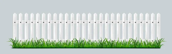 White Wooden Picket Fence Green Grass Isolated Background Vector Realistic — ストックベクタ