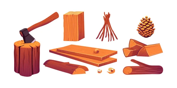 Set Woods Wooden Logs Flat Slices Axe Stump Cut Tree — Image vectorielle