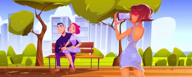 Girl take photo of happy couple on bench in city park. Vector cartoon illustration of summer garden landscape, man with woman sitting on his knees and girl in dress with mobile phone