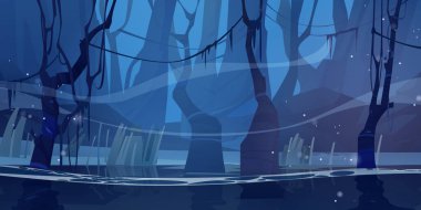 Gece ormanında bataklık. Ürkütücü ağaçlar, sarmaşıklar ve derin sularda yüzen gizemli bir sis. Tahtada bataklık olan doğa manzarası. Oyun arkaplanı, fantezi mistik yaban havuzu, Çizgi film vektör çizimi