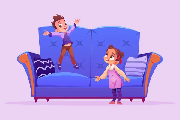 Happy Kids Jump Play Couch Home Vector Cartoon Illustration Mischievous — 图库矢量图片