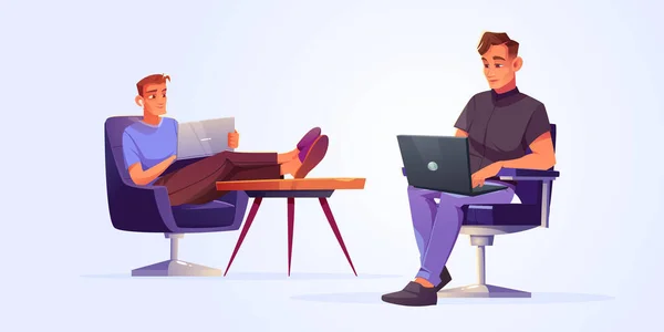 Men Freelancers Sitting Comfortable Armchairs Working Distant Laptop Remote Freelance — Stock vektor