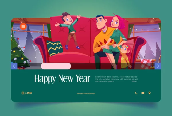 Happy New Year Banner Family Living Room Christmas Tree Vector — Διανυσματικό Αρχείο
