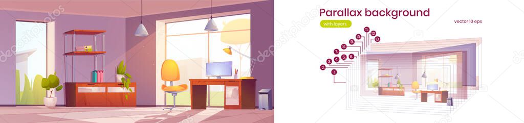 Parallax background home office interior, room for working with pc desk front of large window. Area for freelance or business 2d game animation layers, iu sidescroller, Cartoon vector illustration