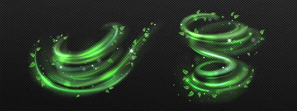 Abstract Wind Swirls Green Leaves Sparkles Isolated Transparent Background Vector — 스톡 벡터