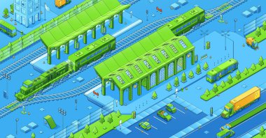 Isometric şehir altyapısı, tren yolu, terminal binası, raylar. Şehir mimarisi, araba park alanı, megalopolis banliyö ulaşımı 3d vektör grafik tasarımı, çizgi çizimi