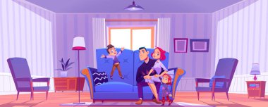 Happy family on couch in living room. Vector cartoon illustration of vintage house interior with couple sitting on sofa and cute kids. Mother, father, daughter and son relax at home together