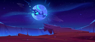 Karanlık yıldızlı gökyüzünde parlayan ay ya da uydusu olan yabancı gezegen manzarası. Çizgi film fantezi arka planı, dağların yüzeyi ile oyun sahnesi, Vektör illüstrasyonu