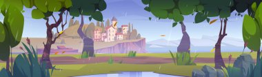 Mediterranean landscape stone houses on cliff at sea coast in dull rainy day. Ancient european architecture buildings at scenery summer nature with mountain and green trees Cartoon vector illustration