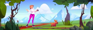 Woman walk with dog in natural park with trees and mountains view. Female character in casual clothes spend time with pet outdoors. Summer time relax, leisure with animal, Cartoon vector illustration