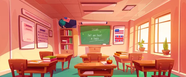 English Language Classroom Interior Empty School College Class Furniture Stuff — Vettoriale Stock