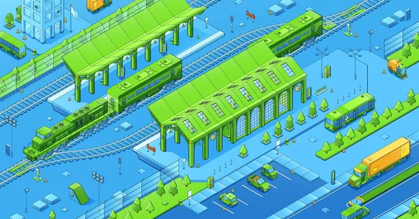 Isometric city infrastructure, railway area with trains, terminal building, rails. Urban architecture, car parking area, megalopolis commuter transport 3d vector graphic design, line art illustration