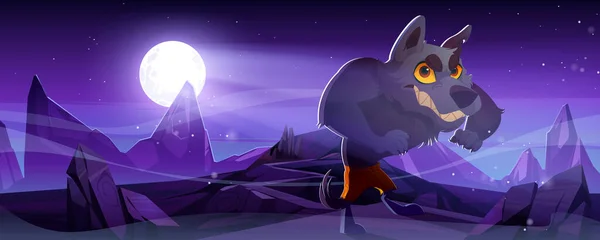 Spooky Werewolf Wolf Monster Night Vector Halloween Background Cartoon Stone — ストックベクタ