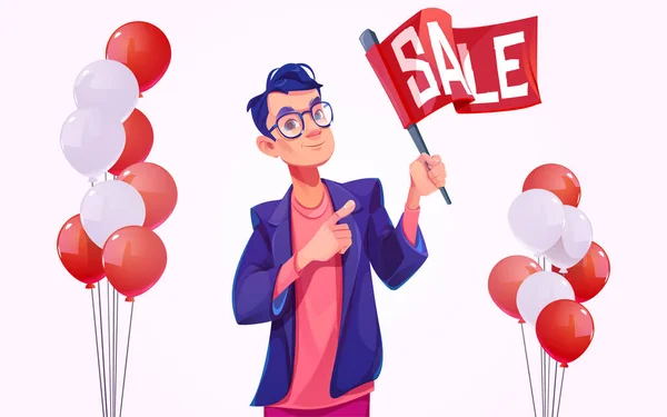 Sale Poster Balloons Man Hold Banner Concept Discount Special Offer — Vettoriale Stock