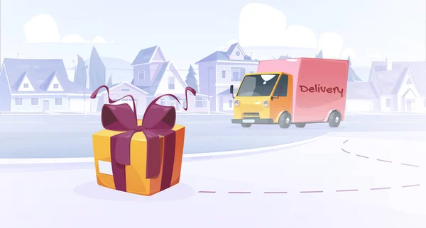 Parcel Delivery Service Fast Shipping Concept Truck Driving Route Wrapped — Wektor stockowy