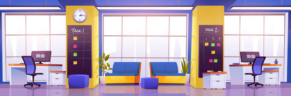 Modern coworking office interior with tables with desktop computers, empty chairs and lounge area with comfortable sofas and plants. Vector cartoon illustration of open space workplace