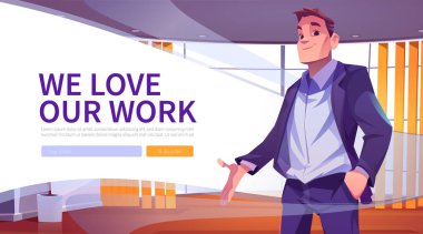 İş web pankartımıza bayılıyoruz. İş adamlarına davetiye çıkarıyoruz. Konferans odasında iş lideri, kendine güvenen şirket CEO 'su resmi takım elbise giyiyor, çizgi film çizimi, iniş sayfası.