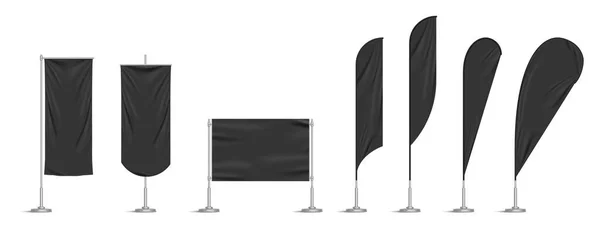 Black Vinyl Flags Set Banners Metallic Pole Vector Realistic Template — Stockvektor