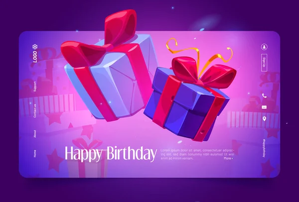 Happy Birthday Cartoon Landing Page Wrapped Gift Boxes Festive Promotion — 图库矢量图片