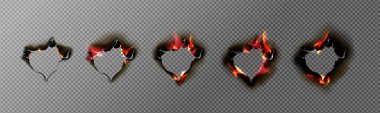Burn paper holes and borders, burnt page with smoldering fire on charred uneven edges, parchment sheets in flame. Burned frames isolated on transparent background. Realistic 3d vector illustration set
