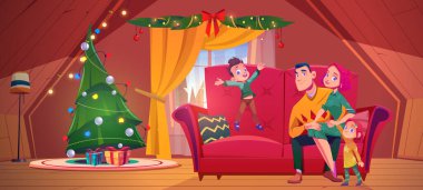Happy family celebrate Christmas in chalet house. Vector cartoon illustration of attic interior with Xmas tree, gifts, couple sitting on couch and cute kids