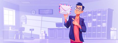 Postanenin içindeki zarfta raflarda duran resepsiyon masası ve paketleri olan bir adam göster. Posta teslimatı, posta servisi, elinde mektup olan postacı, karikatür vektör çizimi.