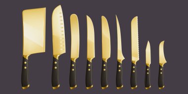 Kitchen knives, chef cutlery for cooking, cutting and carving food. Vector realistic set of 3d knives different types with golden sharp blades and black handles isolated on background