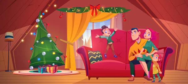 Happy Family Celebrate Christmas Chalet House Vector Cartoon Illustration Attic — Vetor de Stock