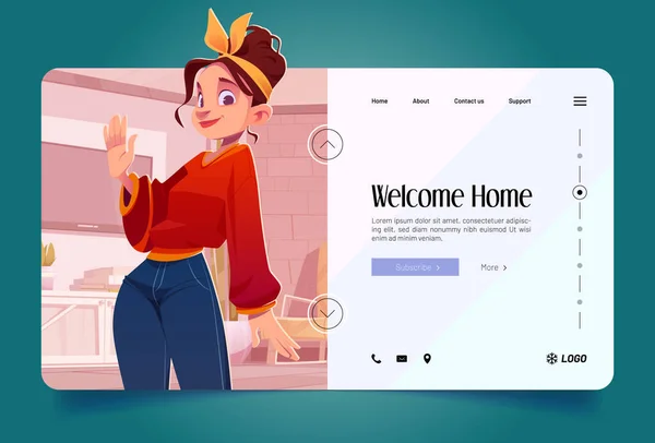 Welcome Home Banner Woman Waving Hand Vector Landing Page Cartoon — 스톡 벡터