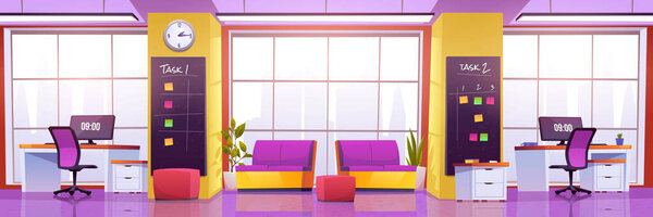 Modern coworking office interior with tables with desktop computers, chairs and lounge area with comfortable sofas and plants. Vector cartoon illustration of open space workplace