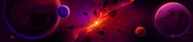 Parlayan galaksi nebulası, uçan kayalar ve karanlık yıldızlı gökyüzünde gezegenler olan kırmızı çizgi film arkaplanı. Yeni yıldızın doğuşu, evrende patlama. Fantezi uzaylı dünyası, evren görüşü, Vektör illüstrasyonu