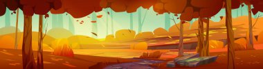 Çizgi film ormanı, sonbahar günü arka planında toprak yol turuncu ağaçlar, çalılar ve kayalıklar boyunca uzanan güneş ışınları, manzara tahtaları, vektör çizimleri ile mavi gökyüzü altında kayalar veya kayalar.