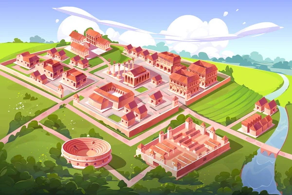 Ancient Rome City Isometric Cartoon Cityscape Buildings Capitol Basilica Square — Stockvektor