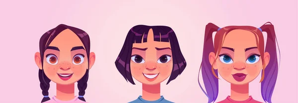 Girl Avatars Female Teenagers Characters Faces Caucasian Asian Children Pigtails — 스톡 벡터