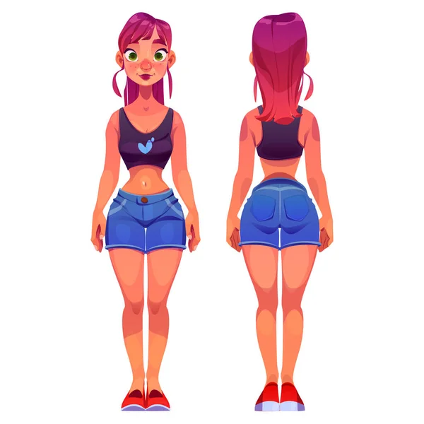 Young Woman Cartoon Character Front Rear View Teenager Youth Wear — 스톡 벡터