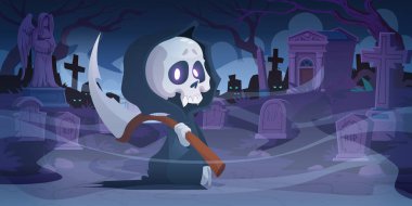Grim reaper with scythe on night cemetery. Funny death character wear black chlamydia with skull under hood. Scytheman skeleton in cape on graveyard, Halloween horror scene Cartoon vector illustration