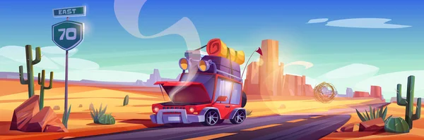 Broken car on road in desert landscape. Vector cartoon illustration of accident, breakdown in trip. Desert with red mountains, highway and auto with luggage on roof and smoke from open hood