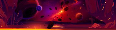 Parlayan galaksi nebulası, uçan kayalar ve karanlık yıldızlı gökyüzünde gezegenler olan kırmızı çizgi film arkaplanı. Yeni yıldızın doğuşu, evrende patlama. Fantezi uzaylı dünyası, evren görüşü, Vektör illüstrasyonu