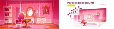 Parallaks arka plan pembe prenses oturma odası. Zarif retro mobilya, dolap, sandalye, masa ve ayna ayrılmış katmanlar animasyona hazır, Çizgi film vektör illüstrasyonu