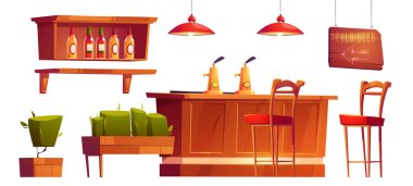 Bar furniture and stuff isolated set. Wooden desk with beer taps, high chairs, shelf with glass bottles, lanterns and signboard with plants in wood pots Cartoon vector illustration, icons, clip art