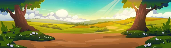 Cartoon Nature Landscape Summer Sunny Forest Panoramic Background Green Trees — Wektor stockowy