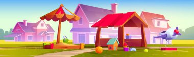 Kids playground at suburb with cottages, children area with sandbox, toys and wooden airplane for playing and recreation fun. Park, garden or yard, kindergarten field. Cartoon vector illustration
