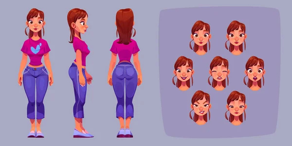 Girl Character Animation Side Rear Front View Emotions Young Caucasian — Διανυσματικό Αρχείο